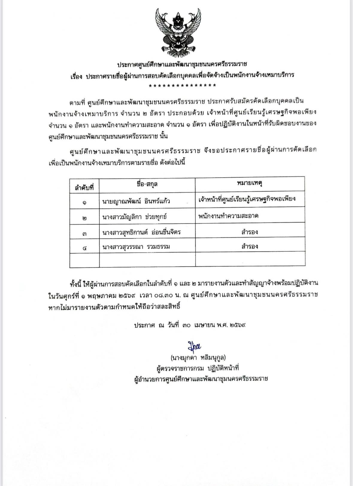 ศูนย์ศึกษาและพัฒนาชุมชนนครศรีธรรมราช ￼ประกาศรายชื่อผู้ผ่านการคัดเลือกบุคคลเพื่อจัดจ้างเป็นพนักงานจ้างเหมาบริการ￼