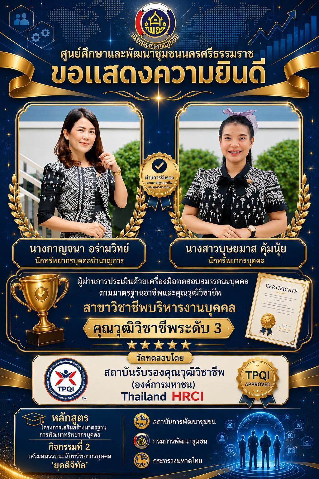  ชื่นชมบุคลากรที่เป็นผู้ผ่านการประเมินสมรรถนะตามมาตรฐานอาชีพ สาขาวิชาชีพบริหารงานบุคคล