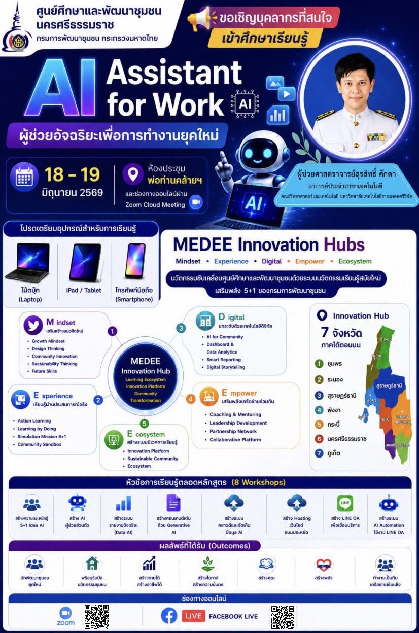 ขอเชิญชวนผู้สนใจ เข้าเรียนรู้เพื่อเพิ่มทักษะดิจิทัลในหัวข้อ “AI Assistant for Work ผู้ช่วยอัจฉริยะเพื่อการทำงานยุคใหม่”